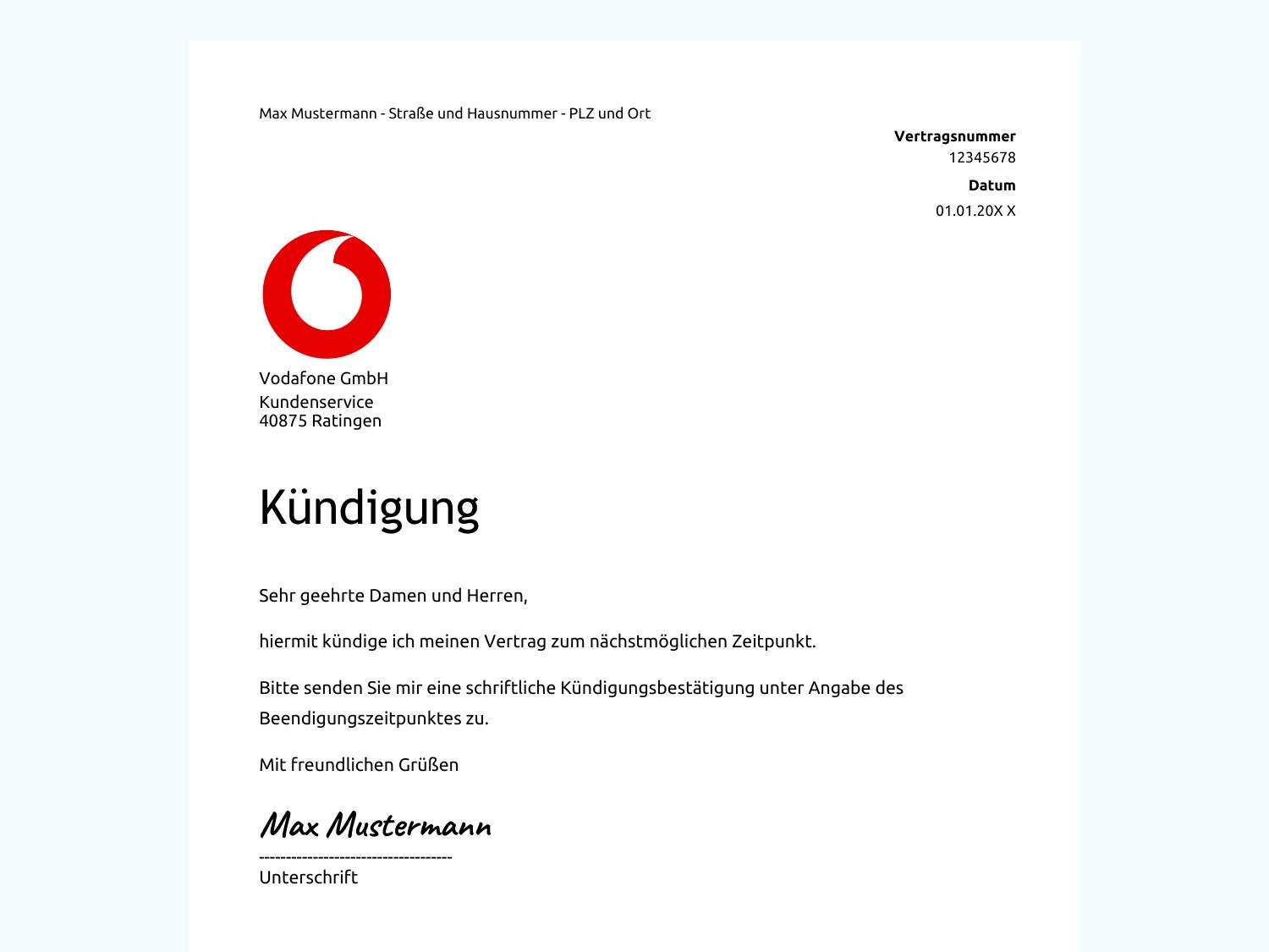 Vodafone Kündigung Wegen Umzug Ins Ausland Kündigung von Vodafone-Vertrag wegen Umzug: Mustervorlage | reloqio