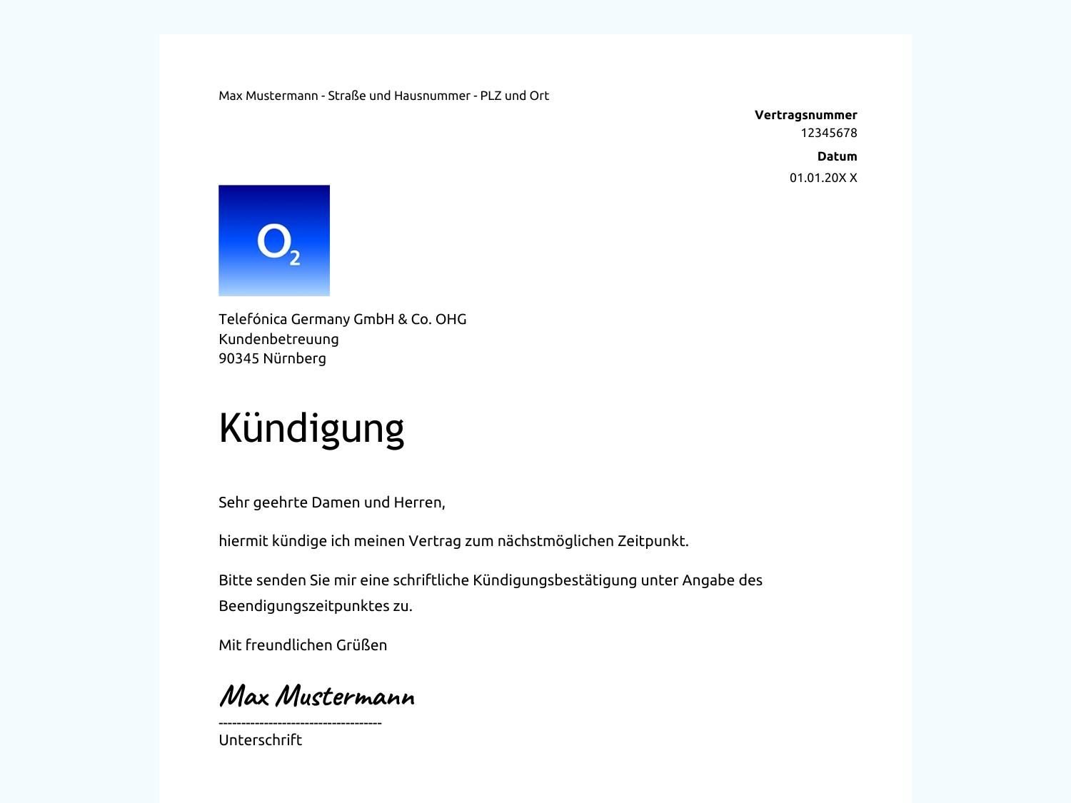Kündigung von O2-Vertrag wegen Umzug: Mustervorlage