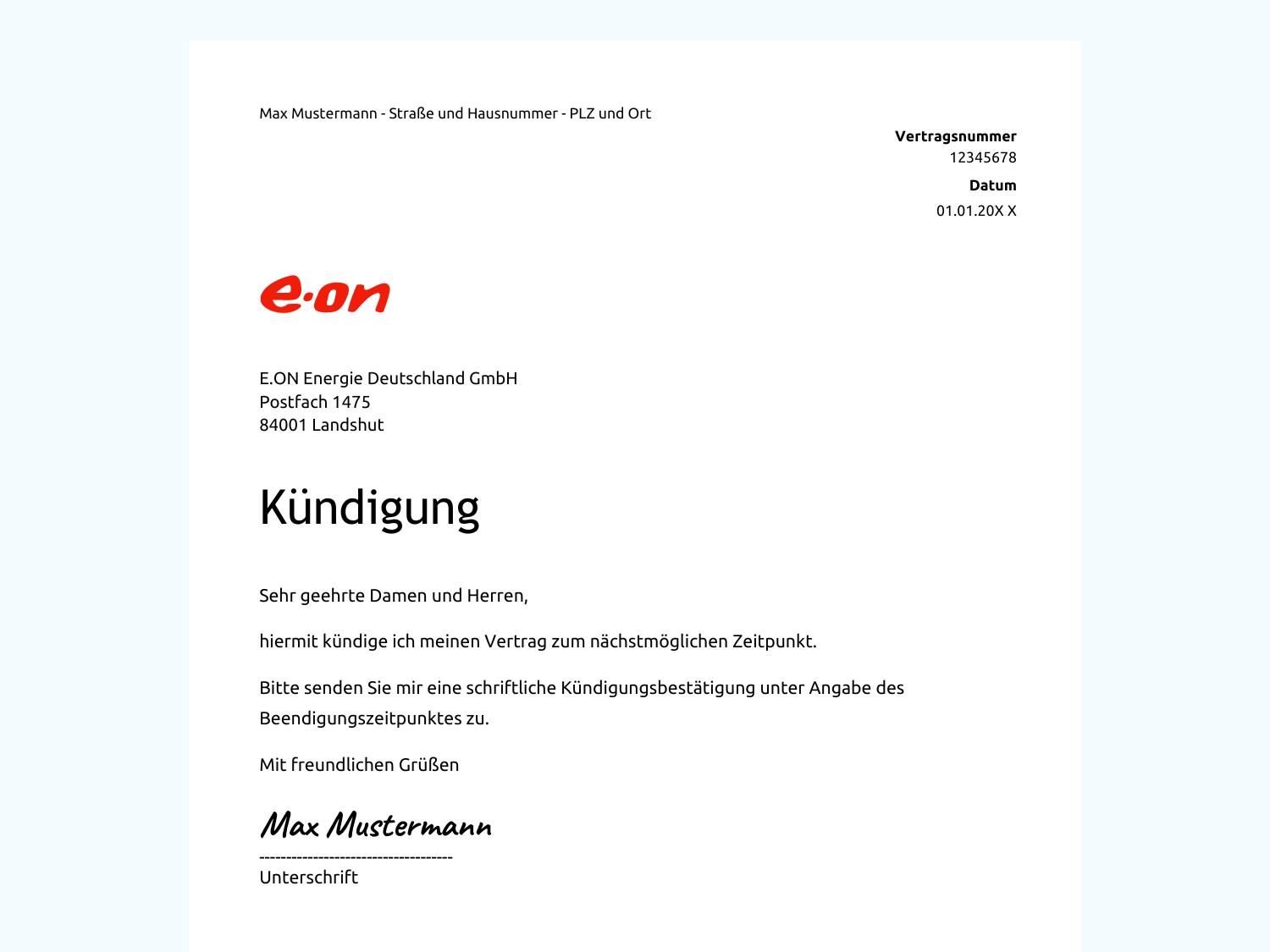 Kündigung von E.ON-Vertrag wegen Umzug: Mustervorlage als PDF- und Word-Download