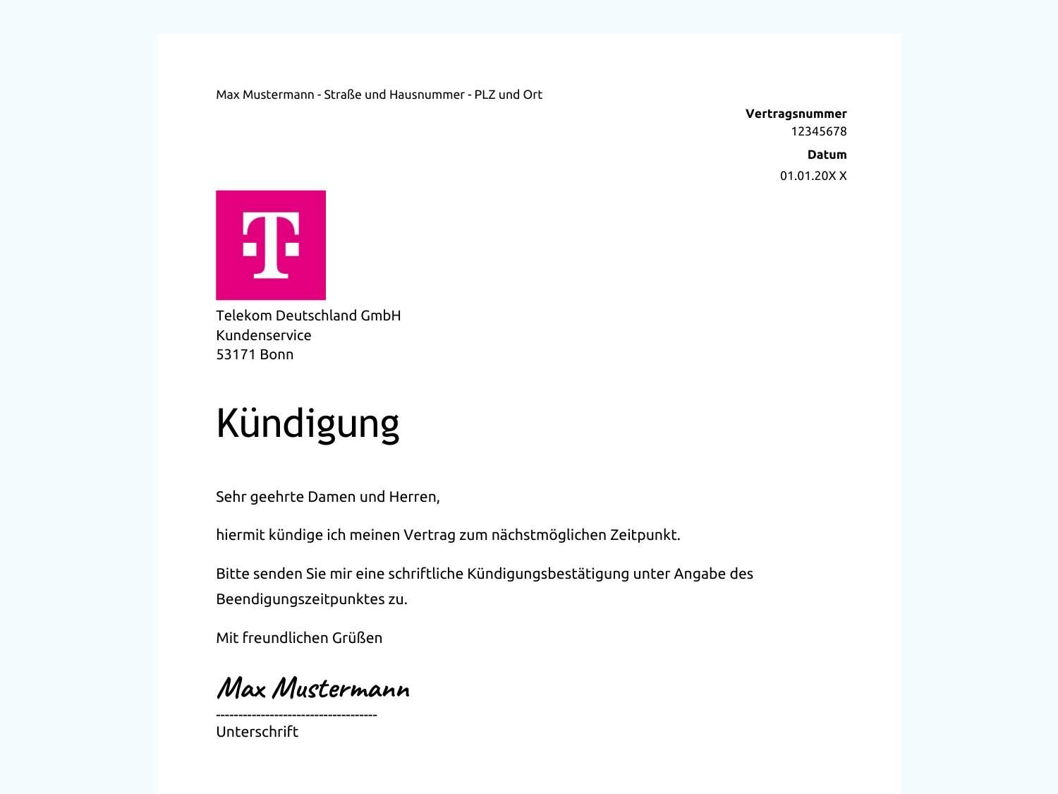 Kündigung von Telekom-Vertrag wegen Umzug: PDF- & Word- Mustervorlage als Download